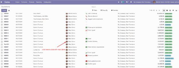 List of Odoo 14 Features Chat with other Users from Tree View