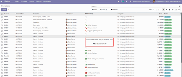 List of Odoo 14 Features Schedule Activity from the Tree View