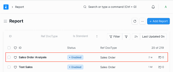 From Report List open Sales Order Analysis Report: ERPNext