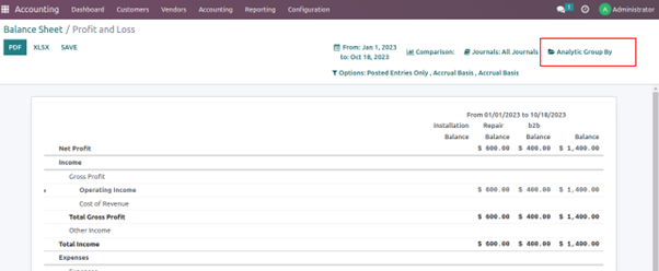 Broad view of income and expenses In Odoo that can filter by b2b and b2c in the analytical group