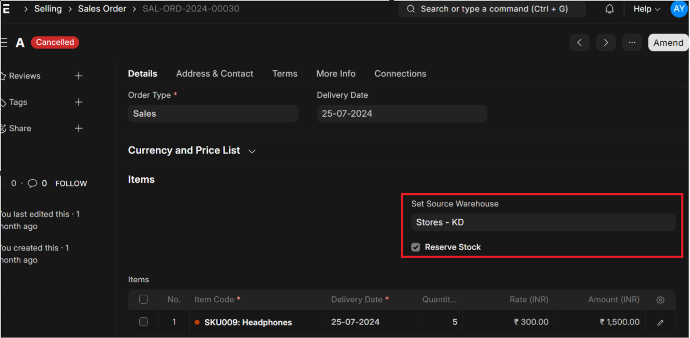 Creating the Reservation against the Sales Orders: ERPNext