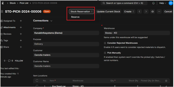 Creating Stock Reservation against the Picklist: ERPNext