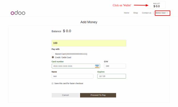 Website Wallet Module for Odoo Add money to your Wallet