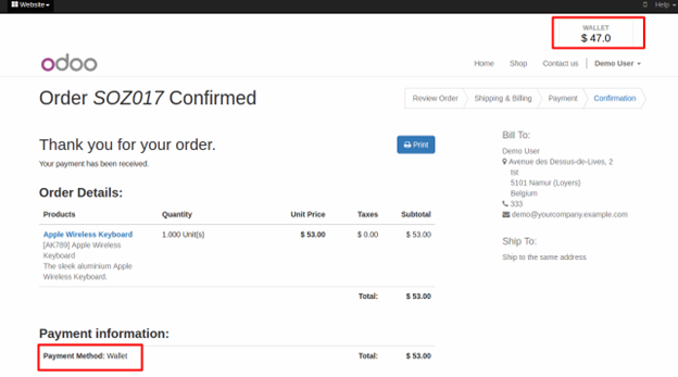 Website Wallet Module for Odoo Now Wallet has remaining amount
