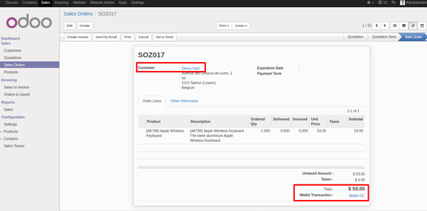 Website Wallet Module in Odoo Login as Admin and check Sale Order and Wallet Transaction