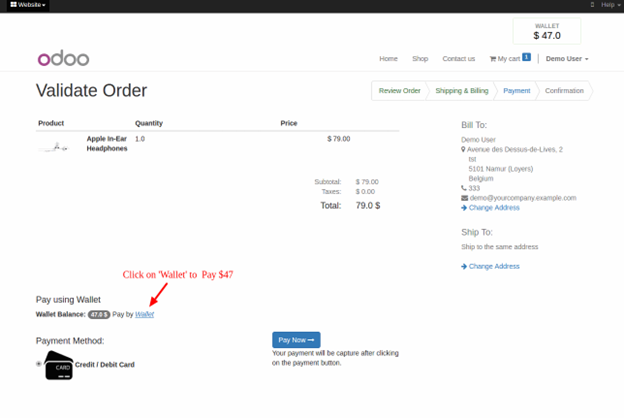 Website Wallet Odoo App Checkout that order and pay it via Wallet