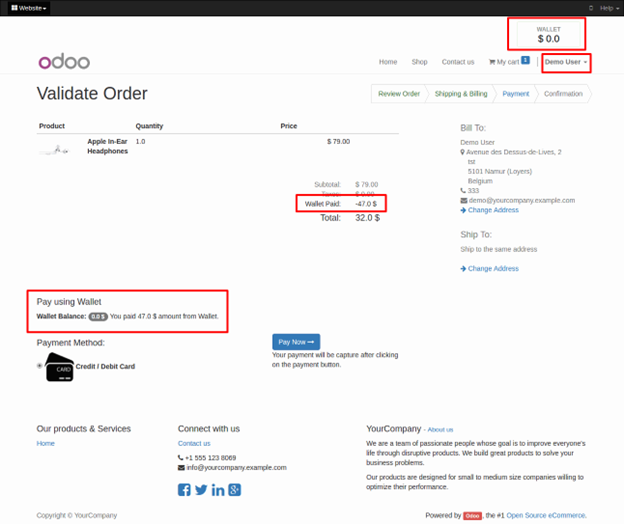 Website Wallet Odoo App Checkout that order and pay it via Wallet