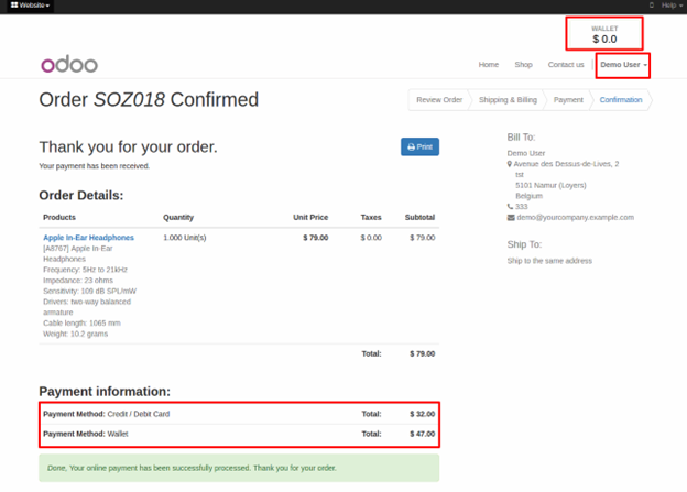 Website Wallet Module in Odoo After full payment using Wallet and Credit/Debit card both