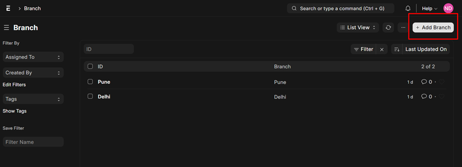 dashboard of Branch highlight add branch button dashboard of Branch highlight add branch button