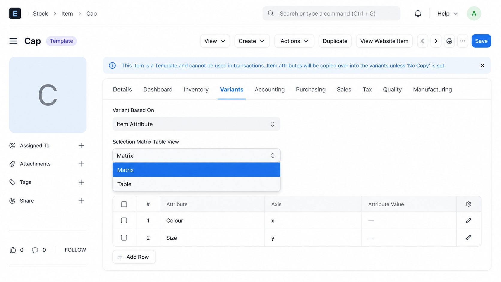 ERPNext Website Variant Matrix